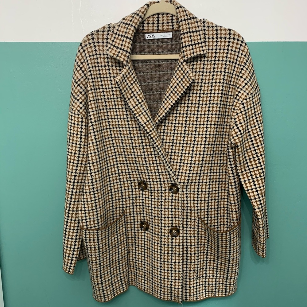 Zara Houndstooth Knit Blazer Cardigan Size Medium